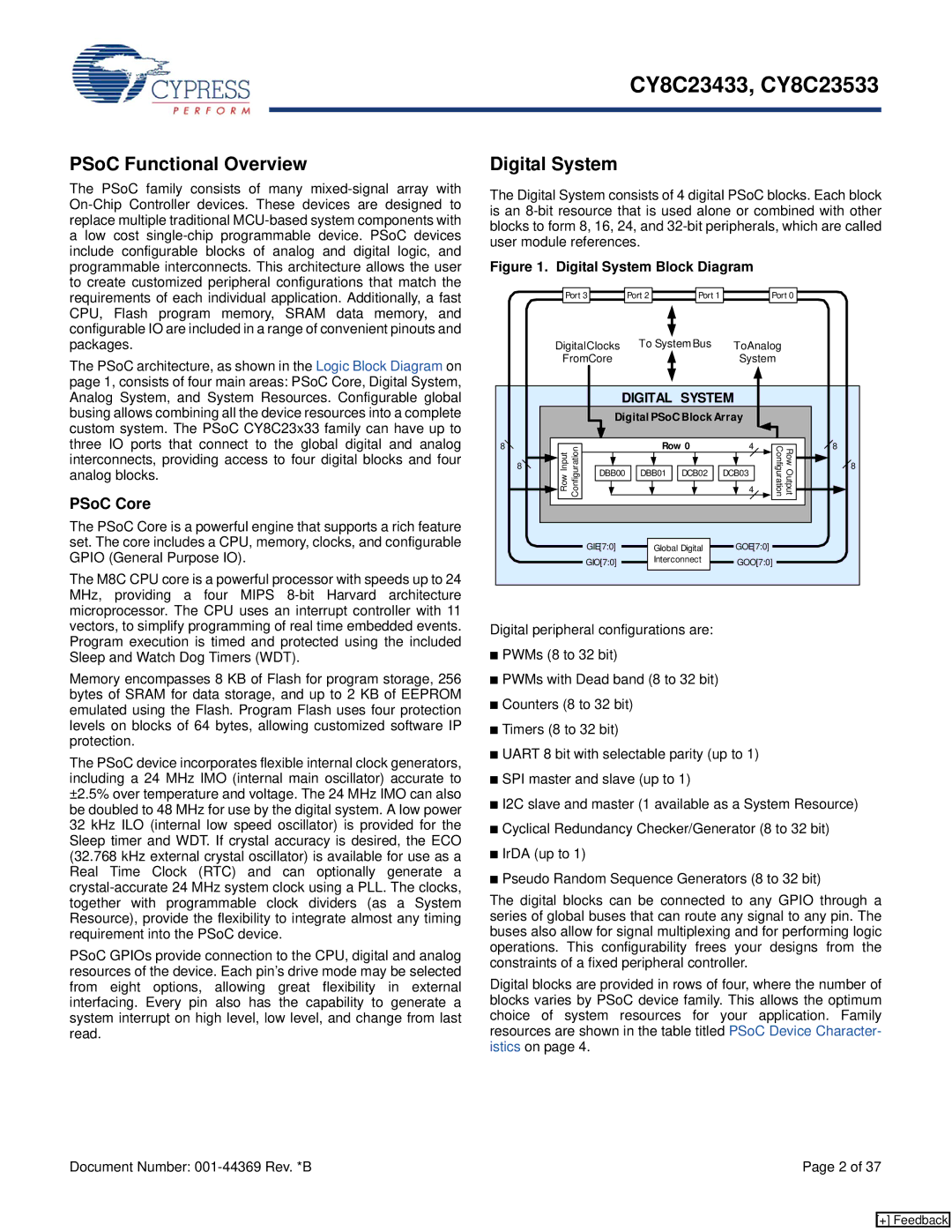 Cypress CY8C23533, CY8C23433 manual PSoC Functional Overview, Digital System, PSoC Core 