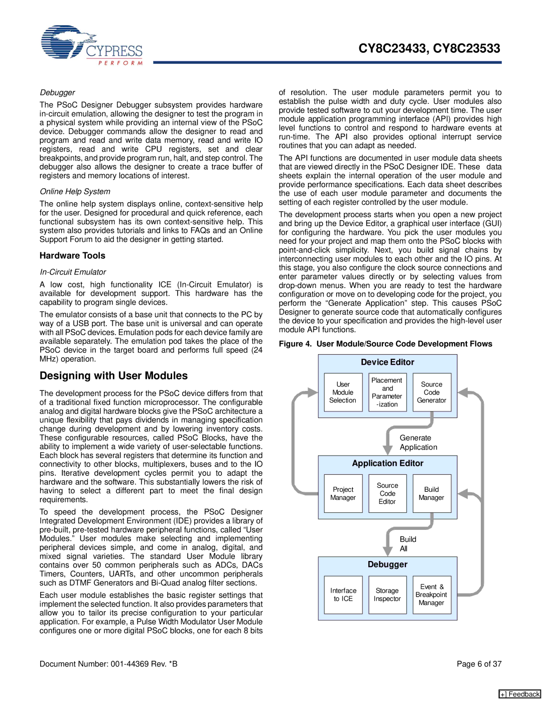 Cypress CY8C23533, CY8C23433 manual Designing with User Modules, Hardware Tools, Application Editor, Debugger 