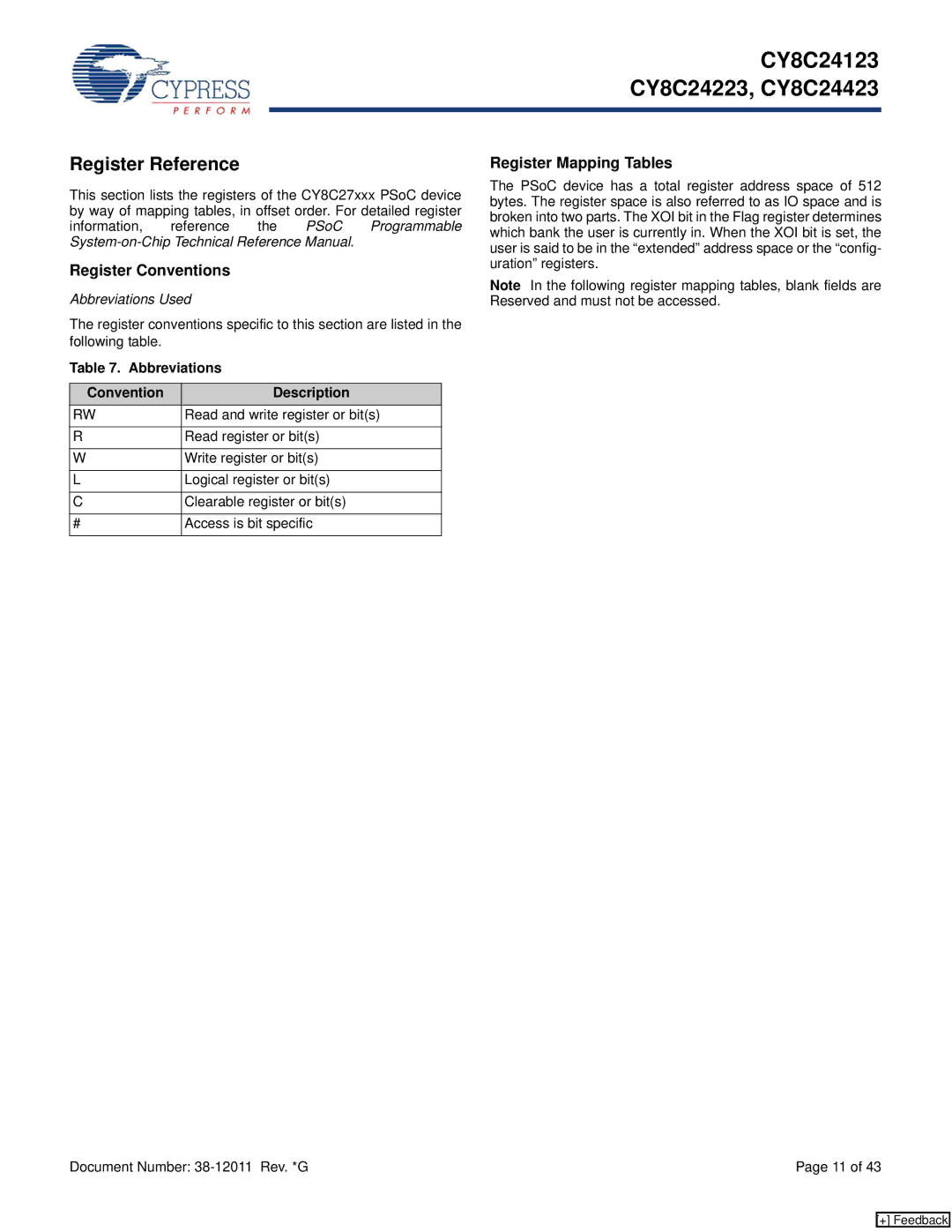 Cypress CY8C24423, CY8C24123 manual Register Reference, Register Conventions, Register Mapping Tables, Abbreviations Used 