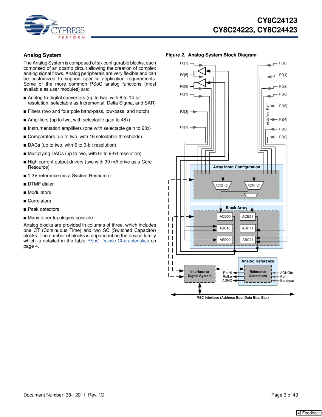 Cypress CY8C24123, CY8C24223, CY8C24423 manual Analog System Block Diagram 