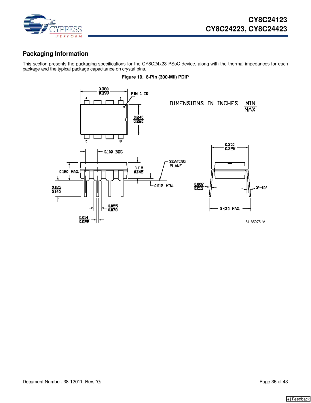 Cypress CY8C24123, CY8C24223, CY8C24423 manual Packaging Information, Pin 300-Mil Pdip 