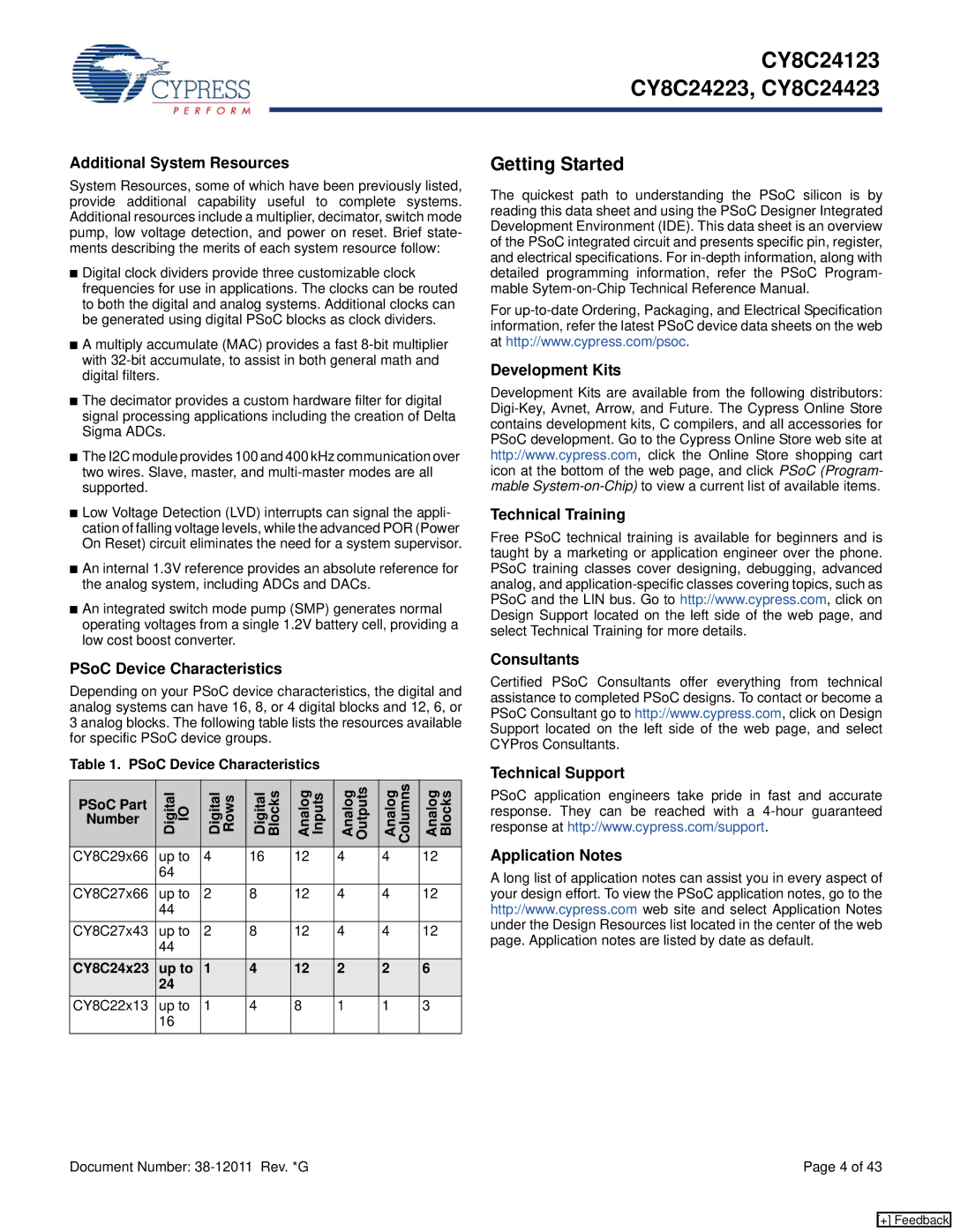 Cypress CY8C24223, CY8C24123, CY8C24423 manual Getting Started, Additional System Resources, PSoC Device Characteristics 