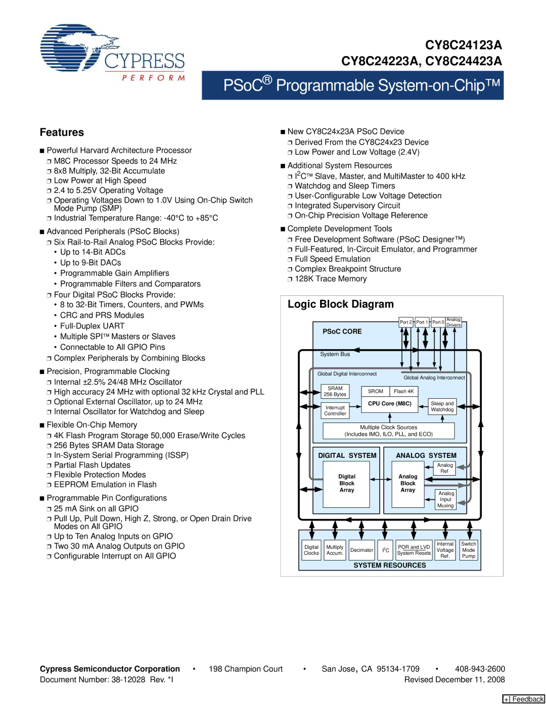 Cypress CY8C24123A manual Features, Logic Block Diagram, Cypress Semiconductor Corporation 198 Champion Court 