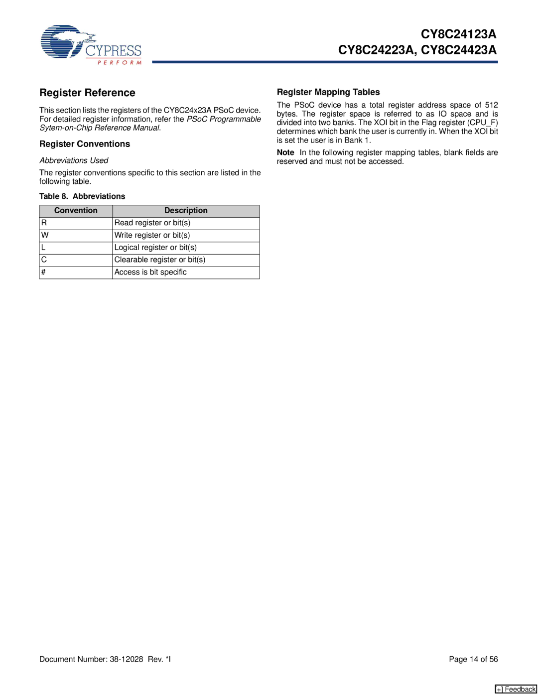 Cypress CY8C24123A manual Register Reference, Register Conventions, Register Mapping Tables, Abbreviations Used 