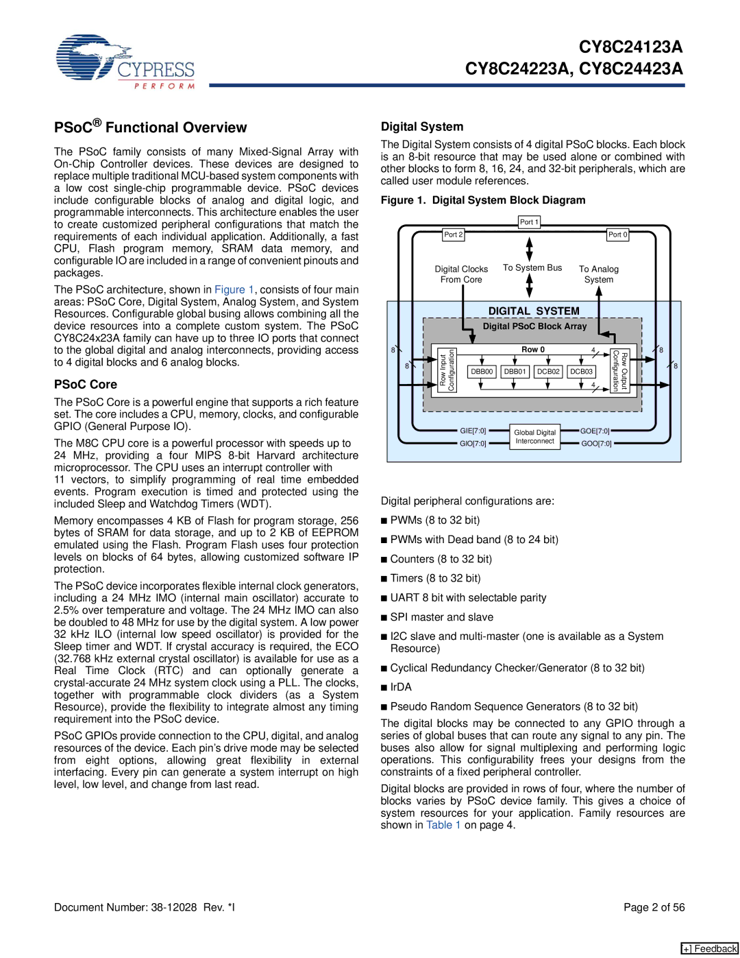 Cypress CY8C24123A manual PSoC Functional Overview, PSoC Core, Digital System 