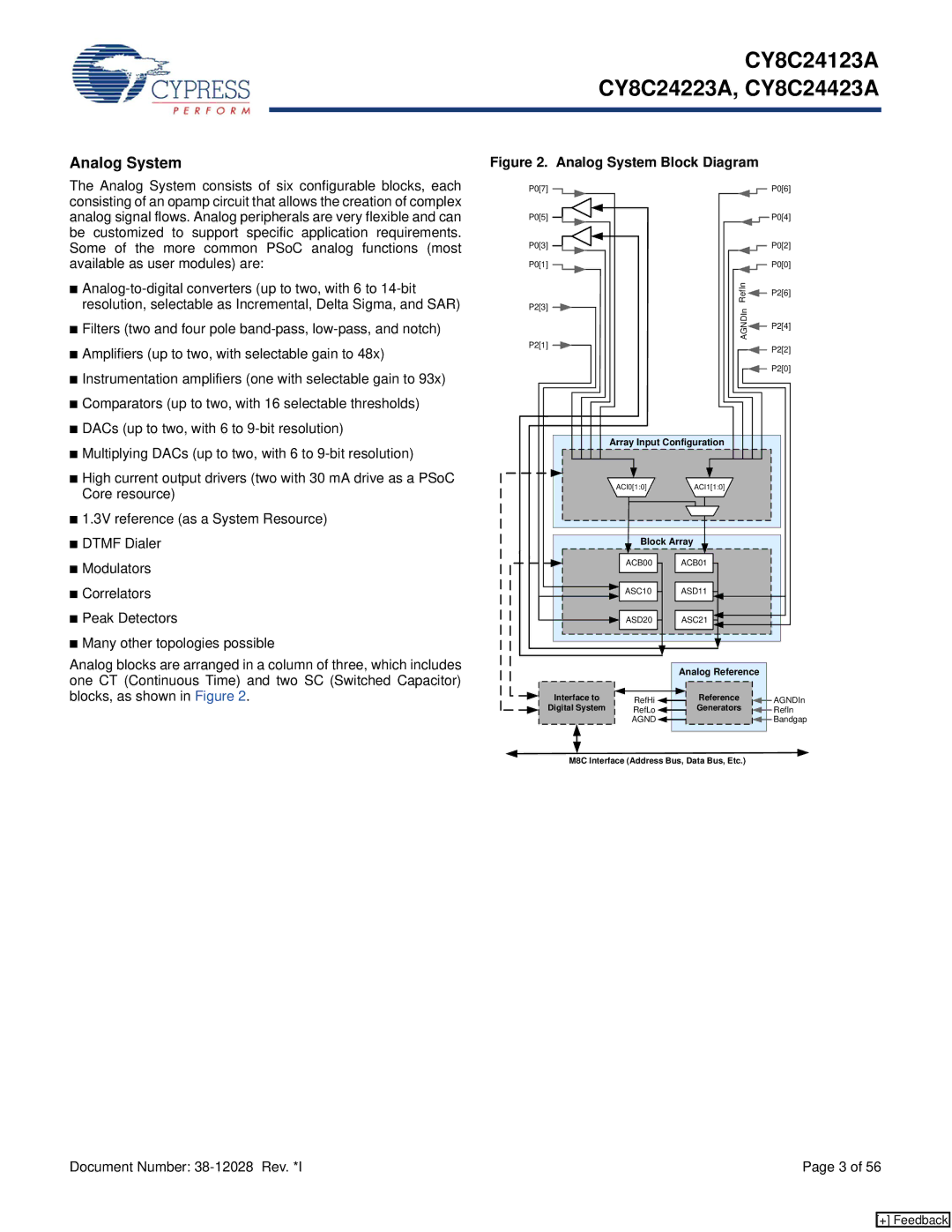 Cypress CY8C24123A manual Analog System Block Diagram 