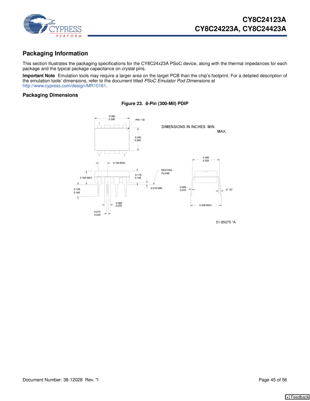 Cypress CY8C24123A manual Packaging Information, Packaging Dimensions 