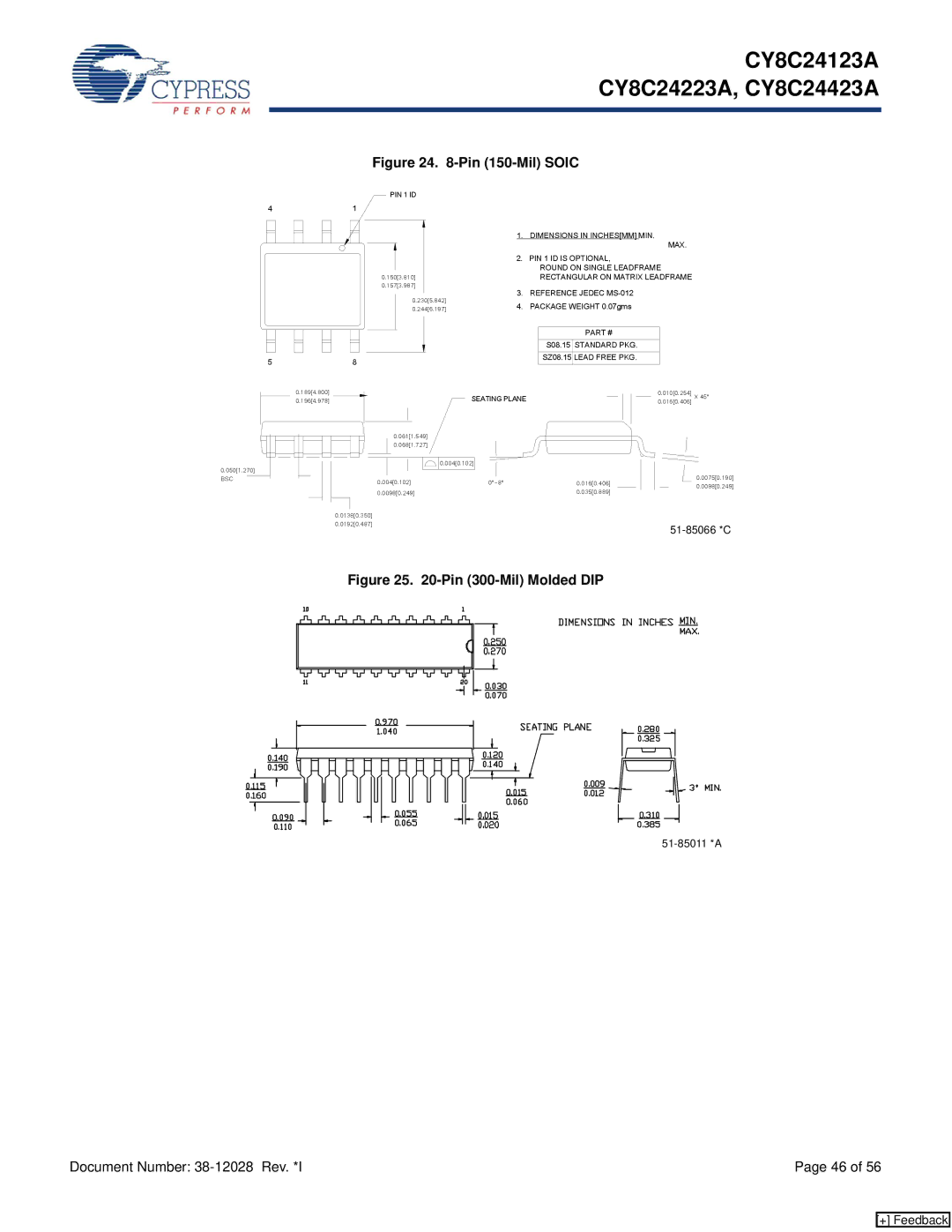 Cypress CY8C24123A manual Pin 150-Mil Soic 