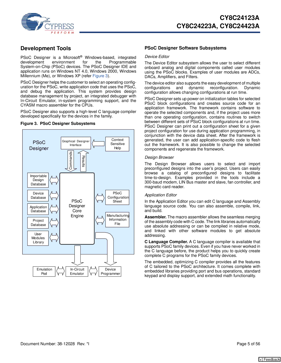 Cypress CY8C24123A Development Tools, PSoC Designer Software Subsystems, Device Editor, Design Browser, Application Editor 