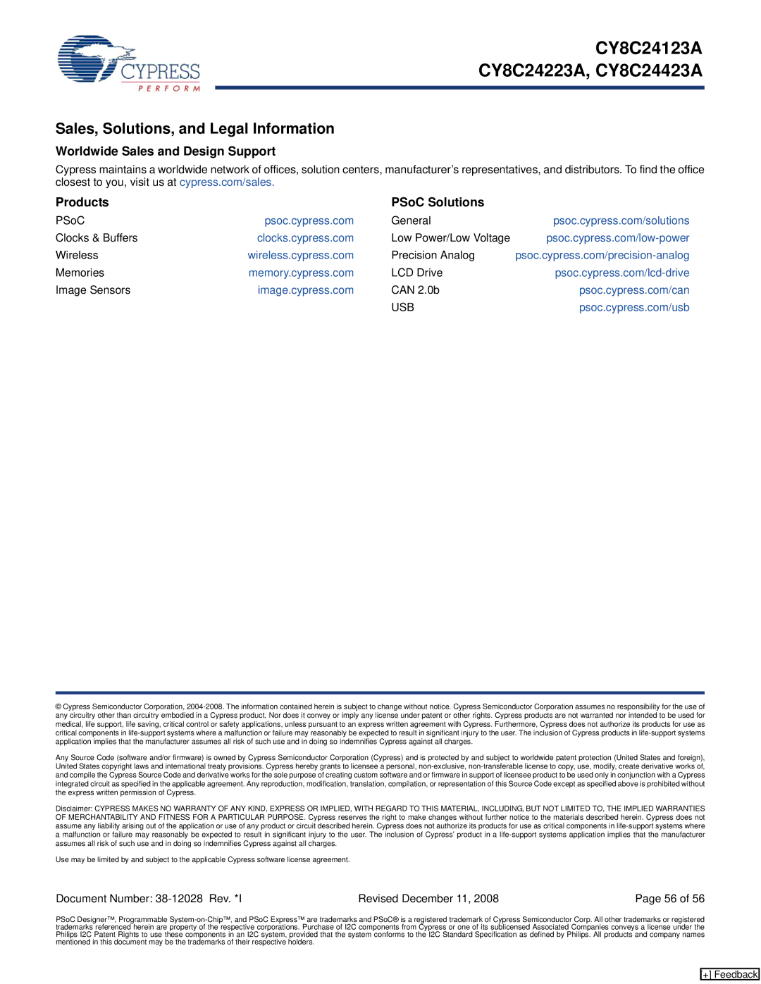 Cypress CY8C24123A Sales, Solutions, and Legal Information, Worldwide Sales and Design Support Products PSoC Solutions 