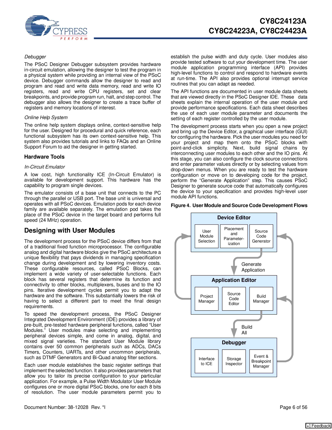 Cypress CY8C24123A manual Designing with User Modules, Hardware Tools, Device Editor, Application Editor, Debugger 