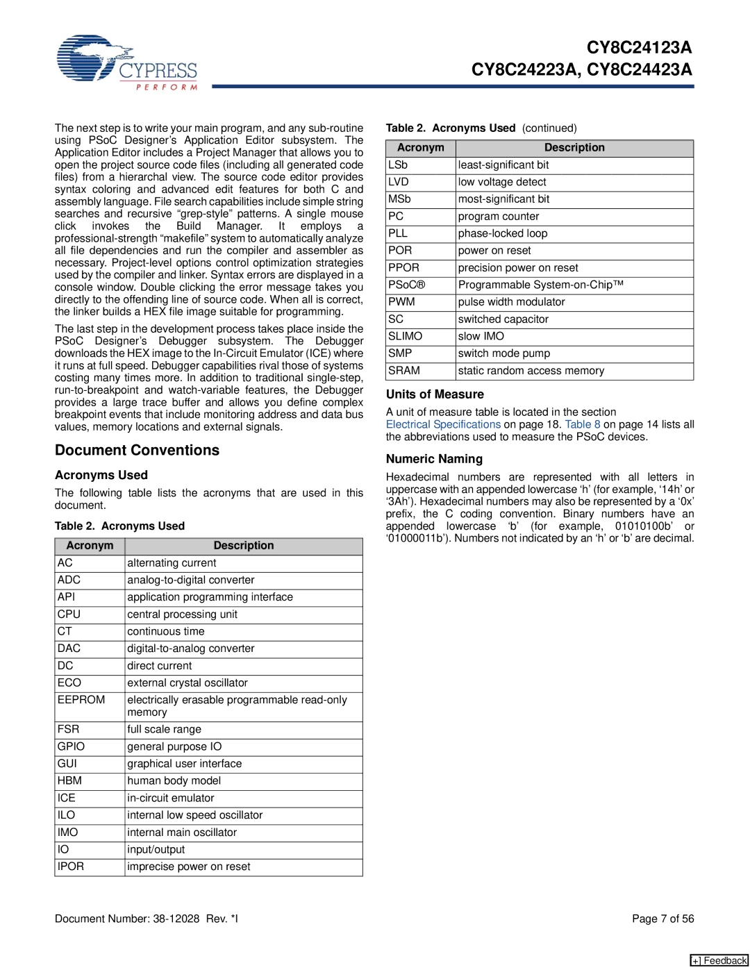 Cypress CY8C24123A manual Document Conventions, Units of Measure, Numeric Naming, Acronyms Used Description 