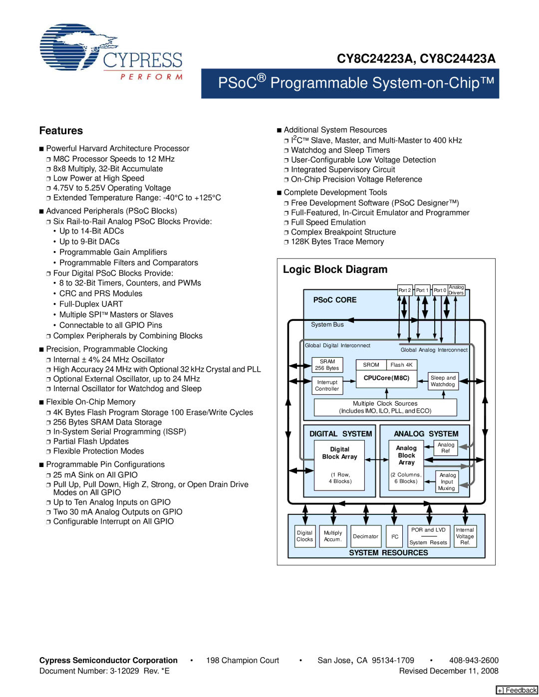 Cypress CY8C24223A, CY8C24423A manual Features, Logic Block Diagram, Cypress Semiconductor Corporation 198 Champion Court 