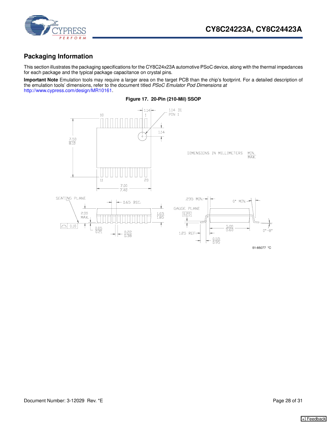 Cypress CY8C24423A, CY8C24223A manual Packaging Information, Pin 210-Mil Ssop 