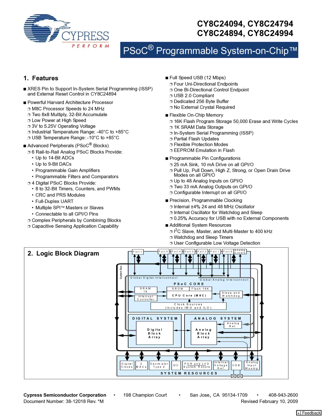 Cypress CY8C24094 manual Features, Logic Block Diagram, Cypress Semiconductor Corporation 198 Champion Court, O C C O R E 