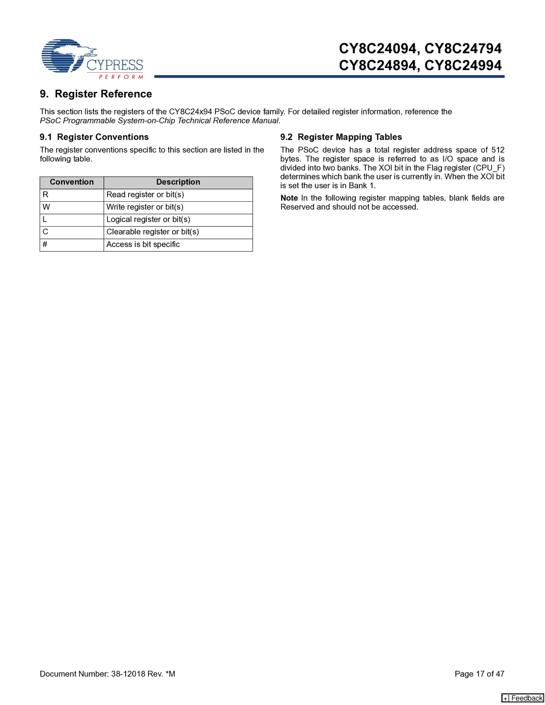 Cypress CY8C24894, CY8C24994 Register Reference, Register Conventions, Register Mapping Tables, Convention Description 