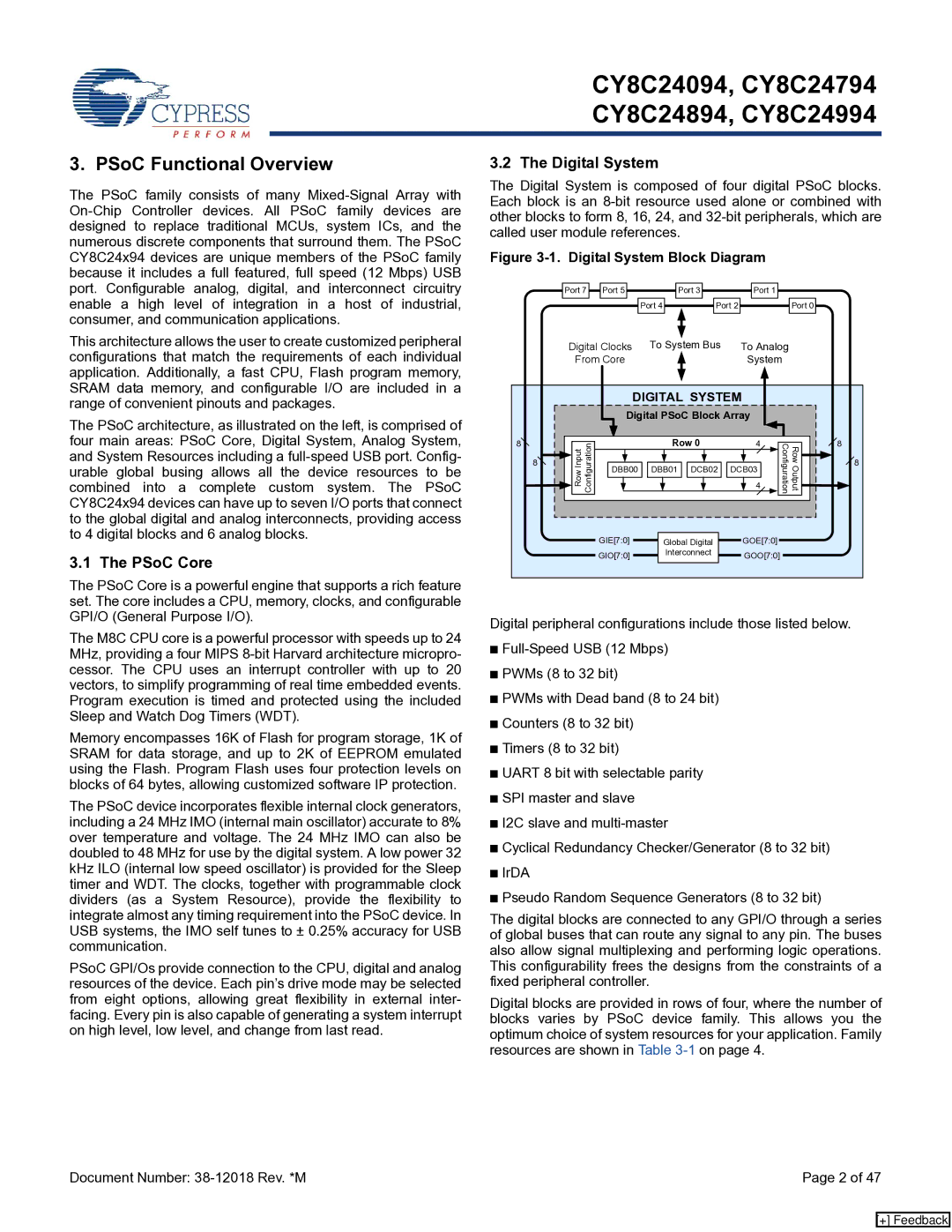 Cypress CY8C24894, CY8C24994, CY8C24094 manual PSoC Functional Overview, Digital System, PSoC Core 