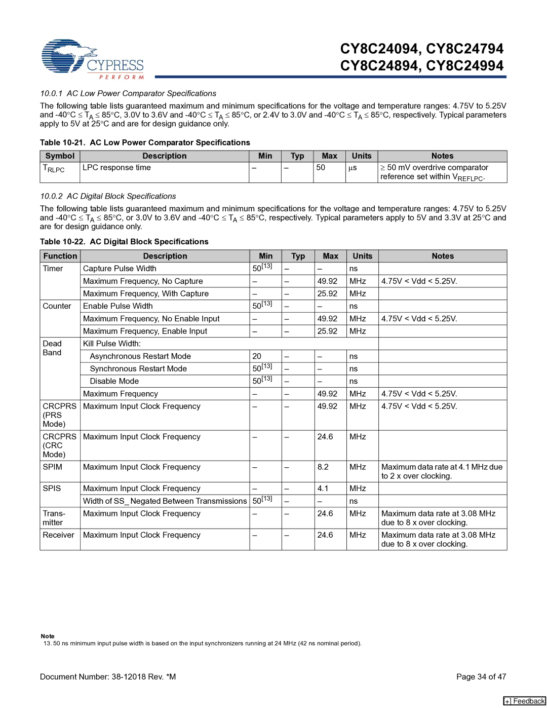 Cypress CY8C24094, CY8C24994, CY8C24894 manual AC Low Power Comparator Specifications, AC Digital Block Specifications 