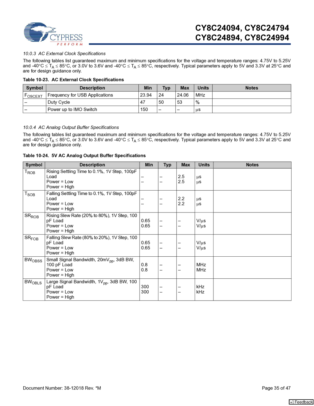 Cypress CY8C24894, CY8C24994, CY8C24094 manual AC External Clock Specifications, AC Analog Output Buffer Specifications 