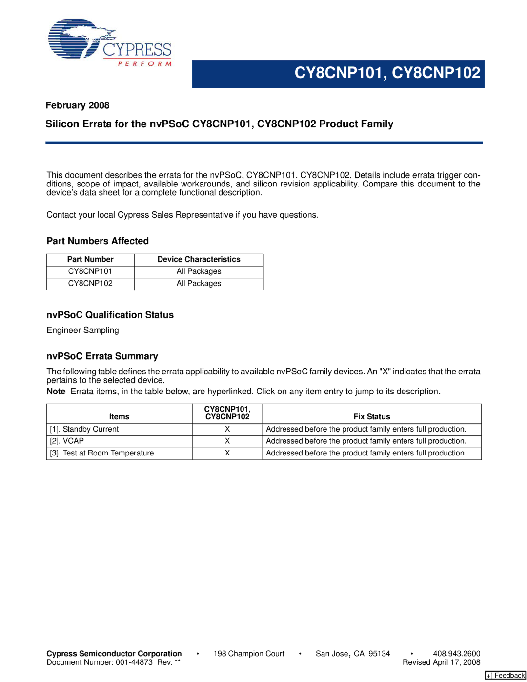 Cypress CY8CNP102, CY8CNP101 manual February, Part Numbers Affected, NvPSoC Qualification Status, NvPSoC Errata Summary 