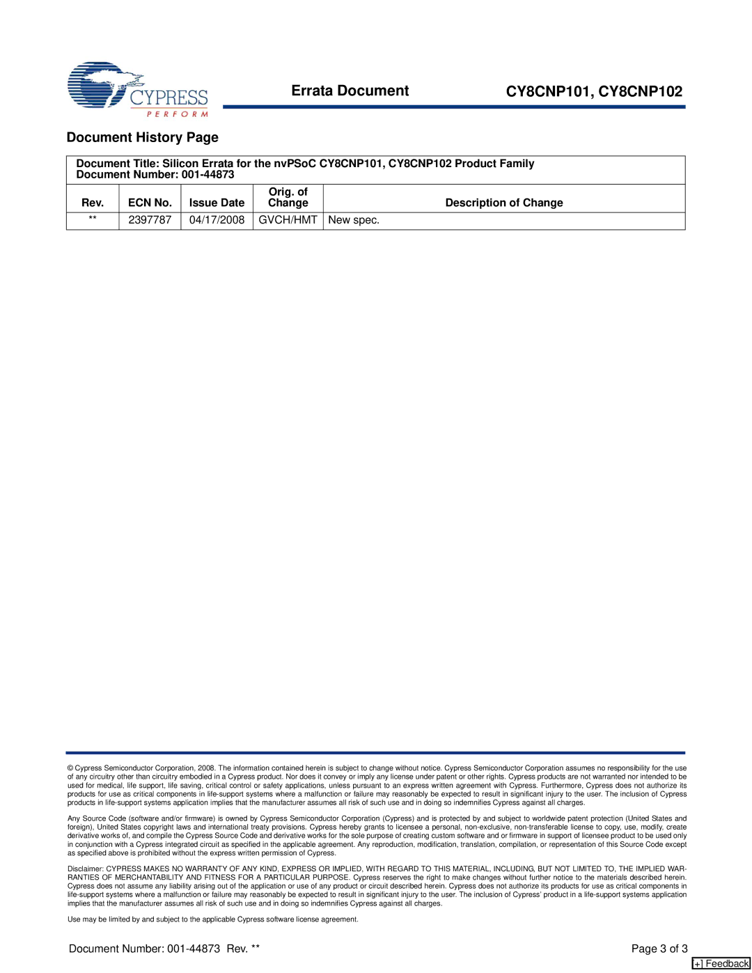 Cypress CY8CNP102, CY8CNP101 manual Document History, Gvch/Hmt, New spec 