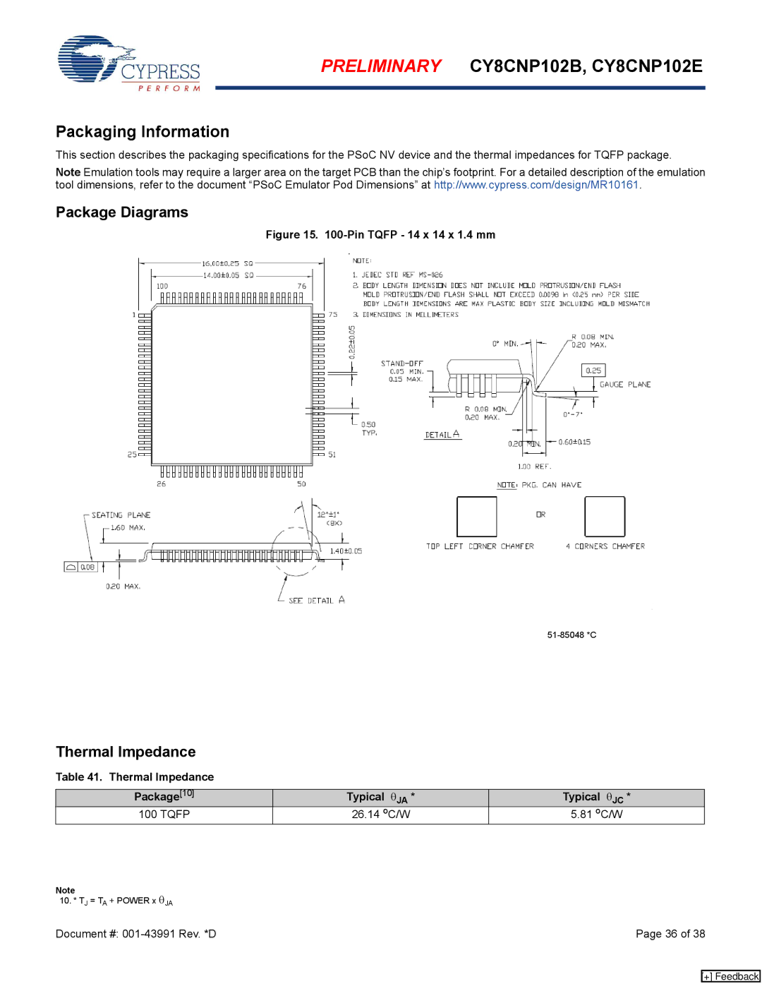 Cypress CY8CNP102E, CY8CNP102B manual Package Diagrams, Thermal Impedance, Tqfp, 81 oC/W 