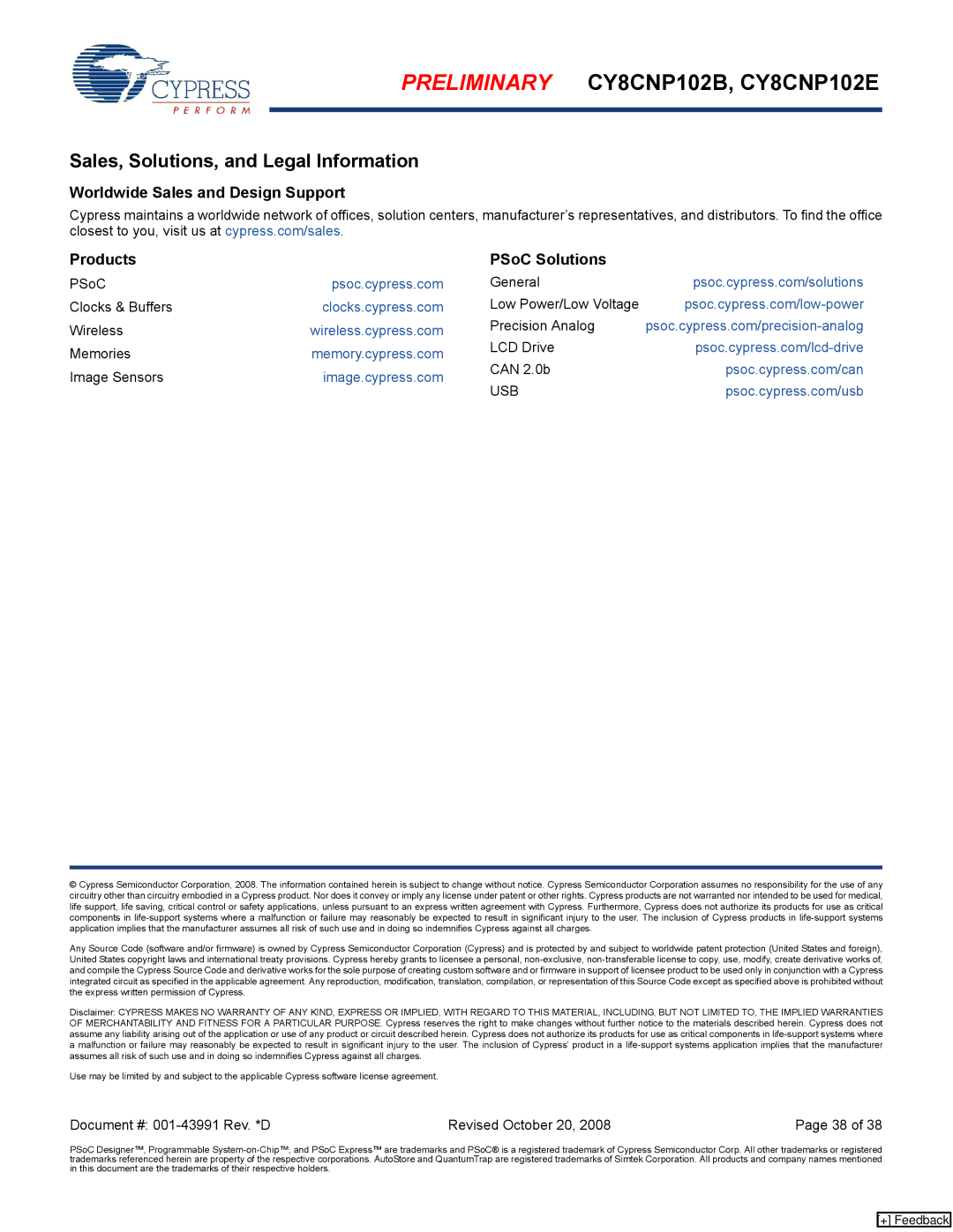 Cypress CY8CNP102E Sales, Solutions, and Legal Information, Worldwide Sales and Design Support Products PSoC Solutions 