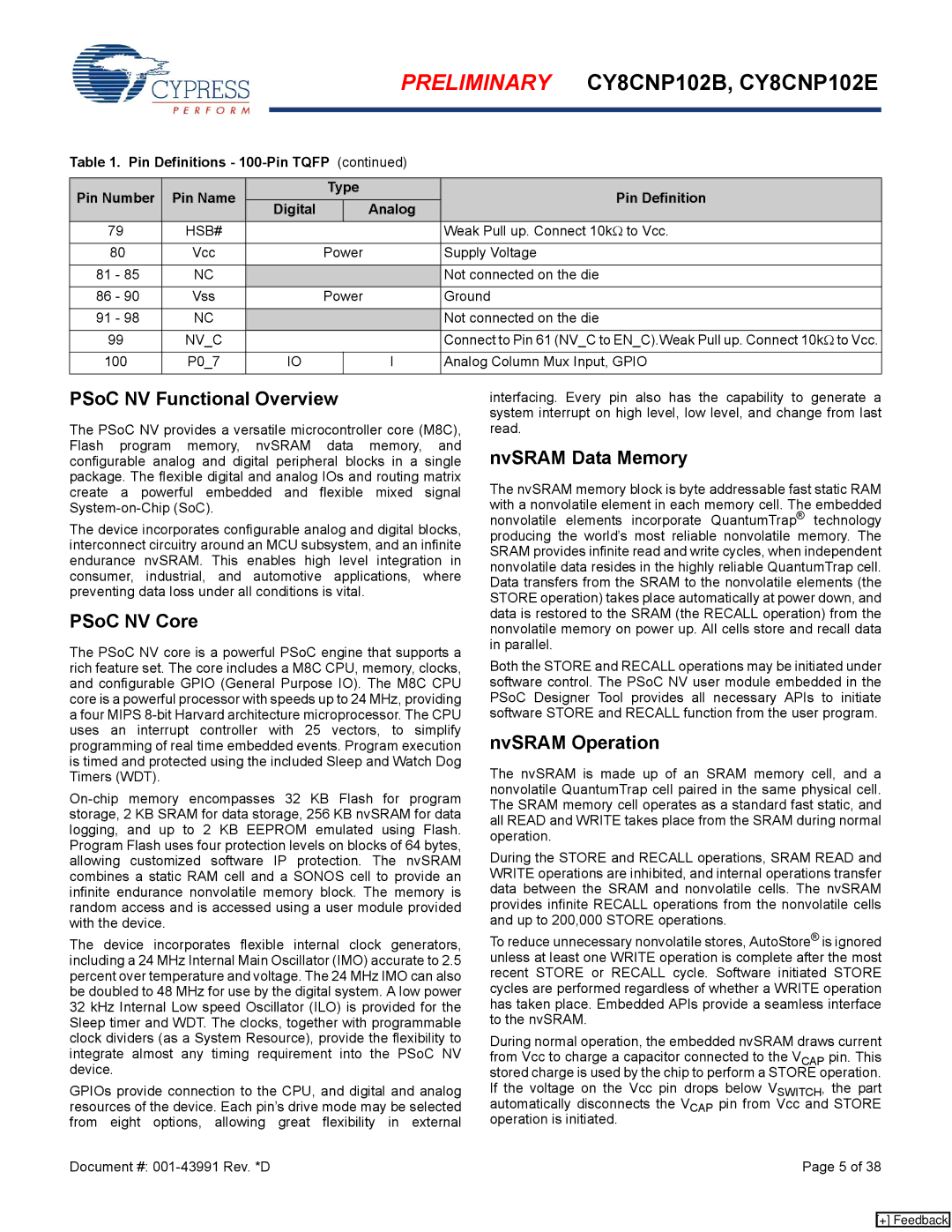 Cypress CY8CNP102B, CY8CNP102E manual PSoC NV Functional Overview, PSoC NV Core, NvSRAM Data Memory, NvSRAM Operation, Nvc 