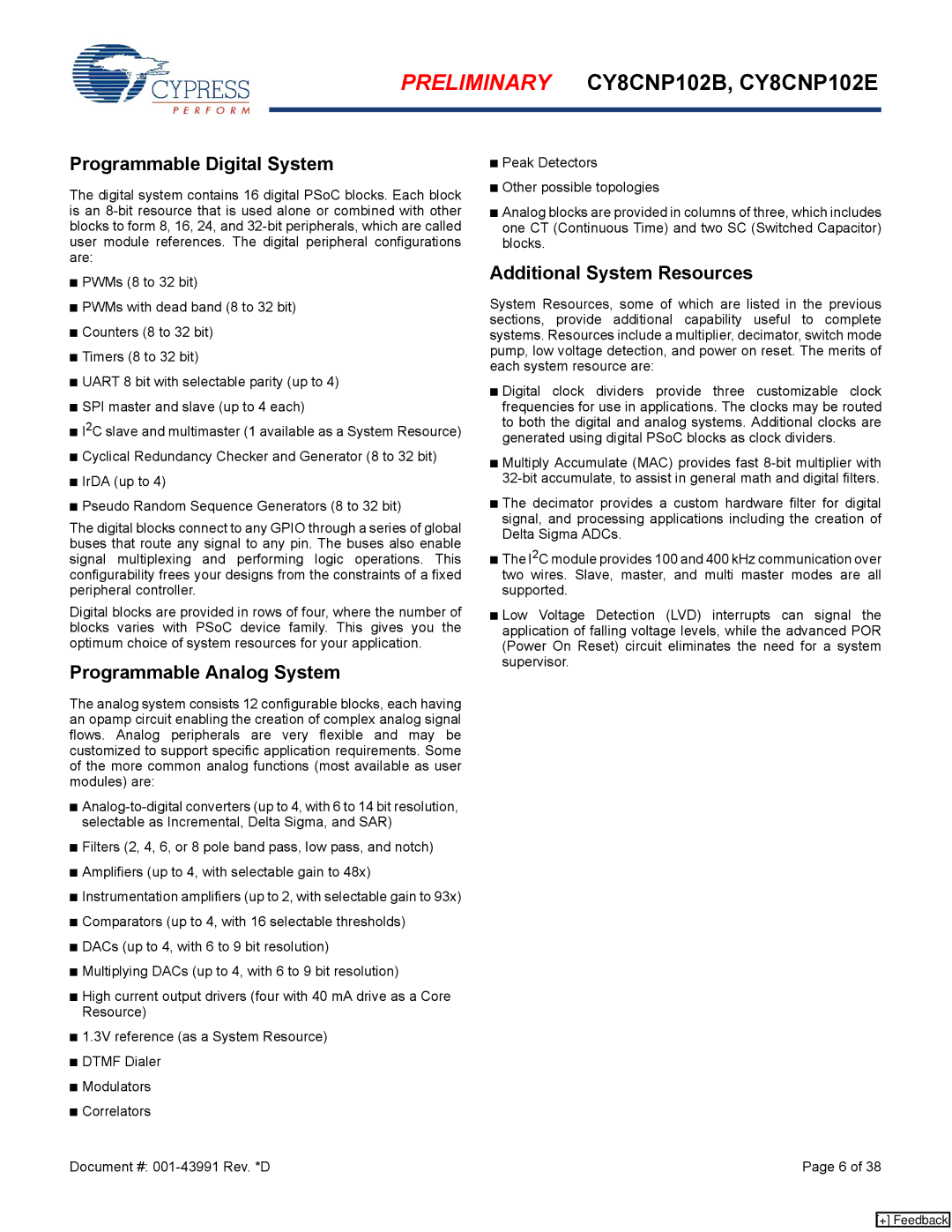 Cypress CY8CNP102E, CY8CNP102B manual Programmable Digital System, Programmable Analog System, Additional System Resources 
