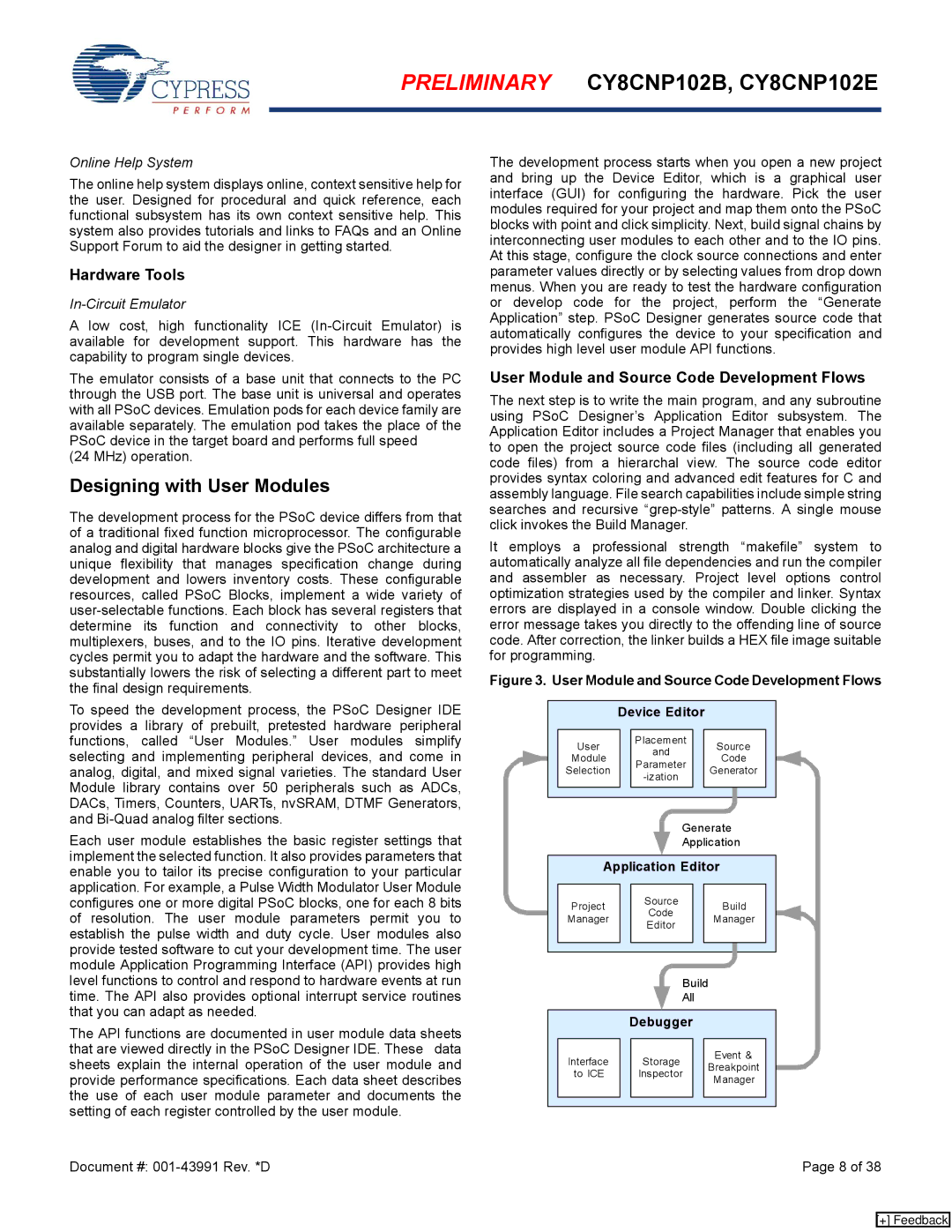 Cypress CY8CNP102E, CY8CNP102B Designing with User Modules, Hardware Tools, User Module and Source Code Development Flows 