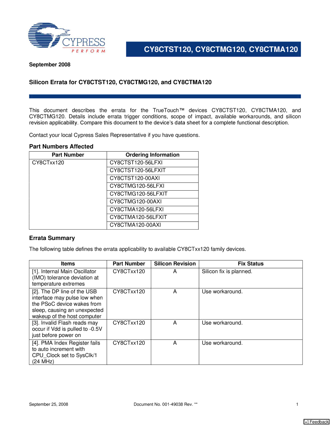 Cypress manual Silicon Errata for CY8CTST120, CY8CTMG120, and CY8CTMA120, Part Numbers Affected, Errata Summary 