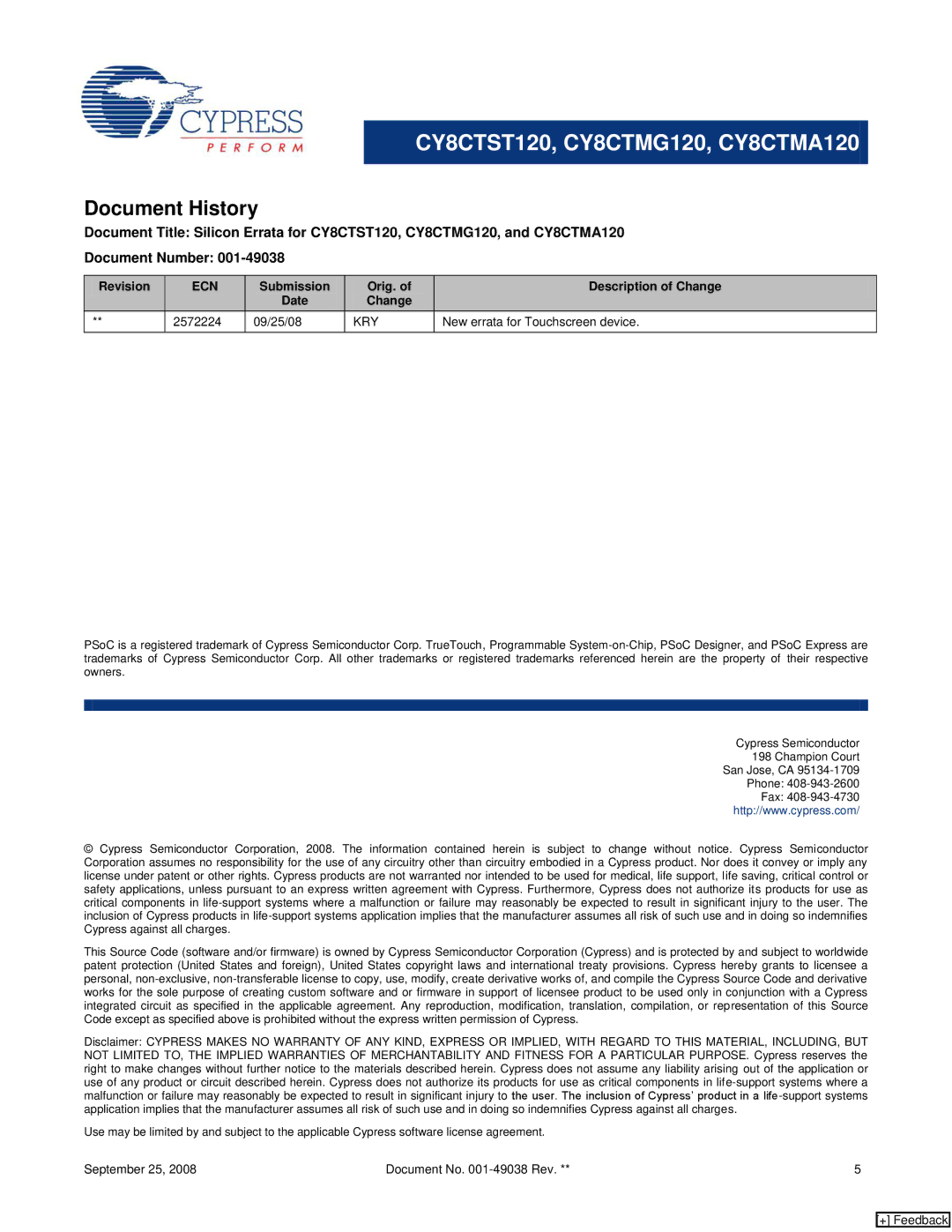 Cypress CY8CTST120, CY8CTMA120, CY8CTMG120 manual Document History 