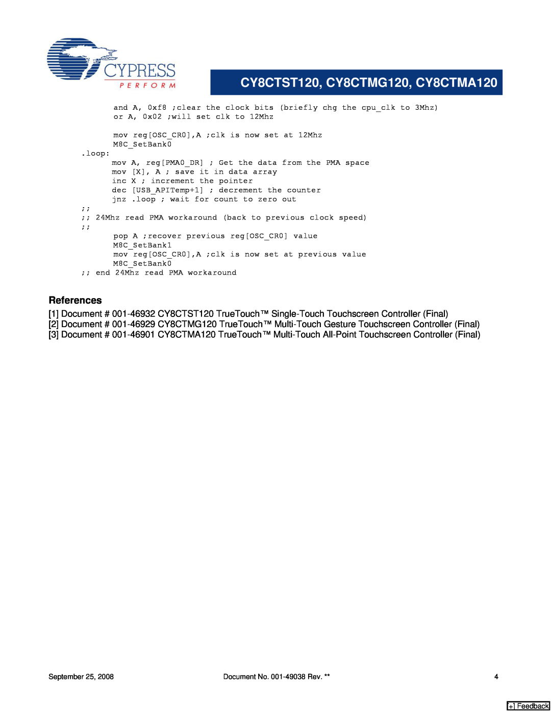 Cypress manual References, CY8CTST120, CY8CTMG120, CY8CTMA120 
