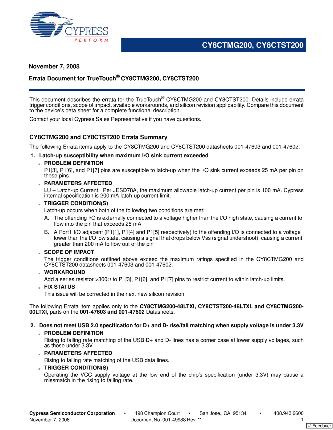 Cypress manual November 7, CY8CTMG200 and CY8CTST200 Errata Summary 