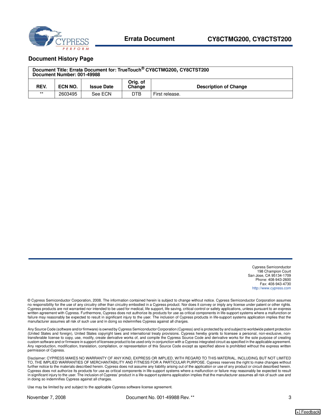 Cypress CY8CTMG200, CY8CTST200 manual Document History, Dtb 