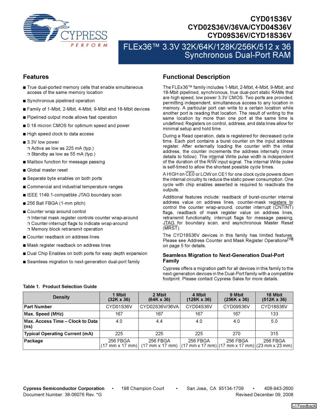 Cypress CYD09S36V manual Features, Functional Description, Seamless Migration to Next-Generation Dual-Port Family 