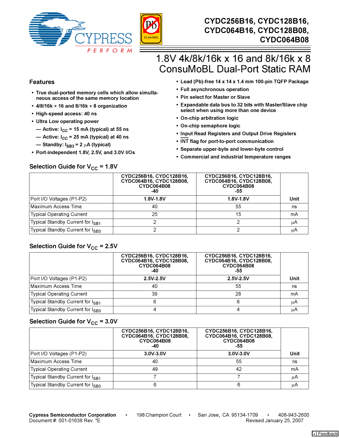 Cypress manual Features, Selection Guide for VCC =, CYDC256B16, CYDC128B16 CYDC064B16, CYDC128B08 CYDC064B08, Unit 