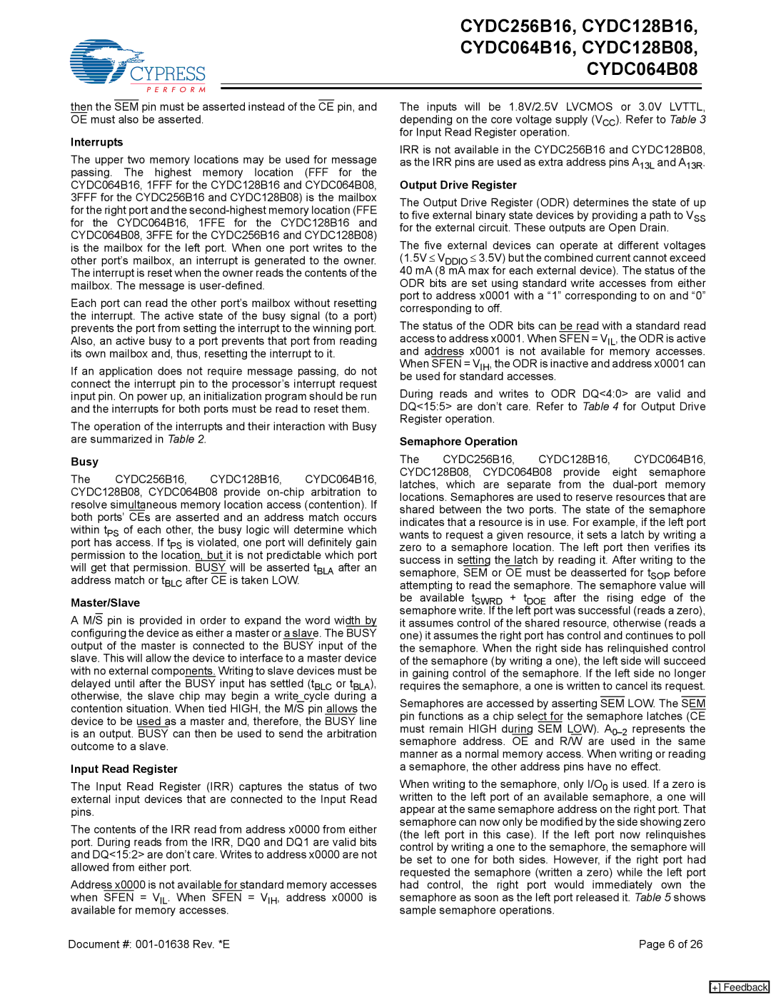 Cypress CYDC064B08 manual Interrupts, Busy, Master/Slave, Input Read Register, Output Drive Register, Semaphore Operation 