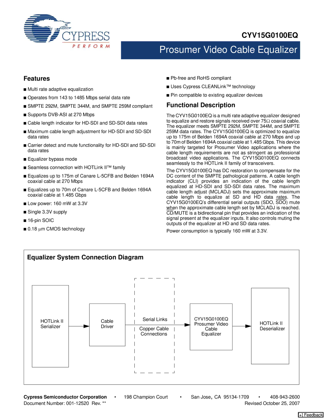 Cypress CYV15G0100EQ manual Features, Functional Description, Cypress Semiconductor Corporation 198 Champion Court 