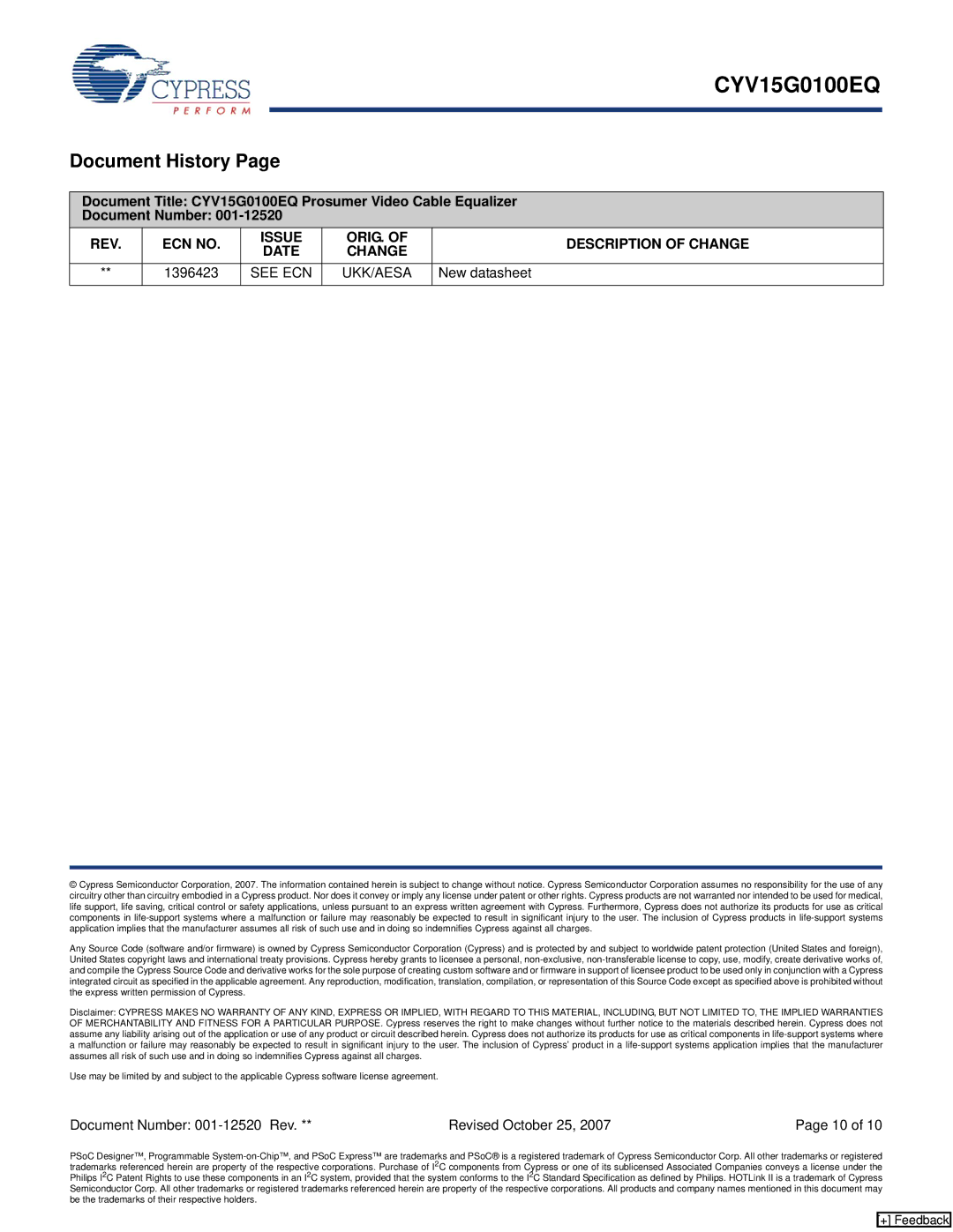 Cypress CYV15G0100EQ manual Document History, 1396423, New datasheet 