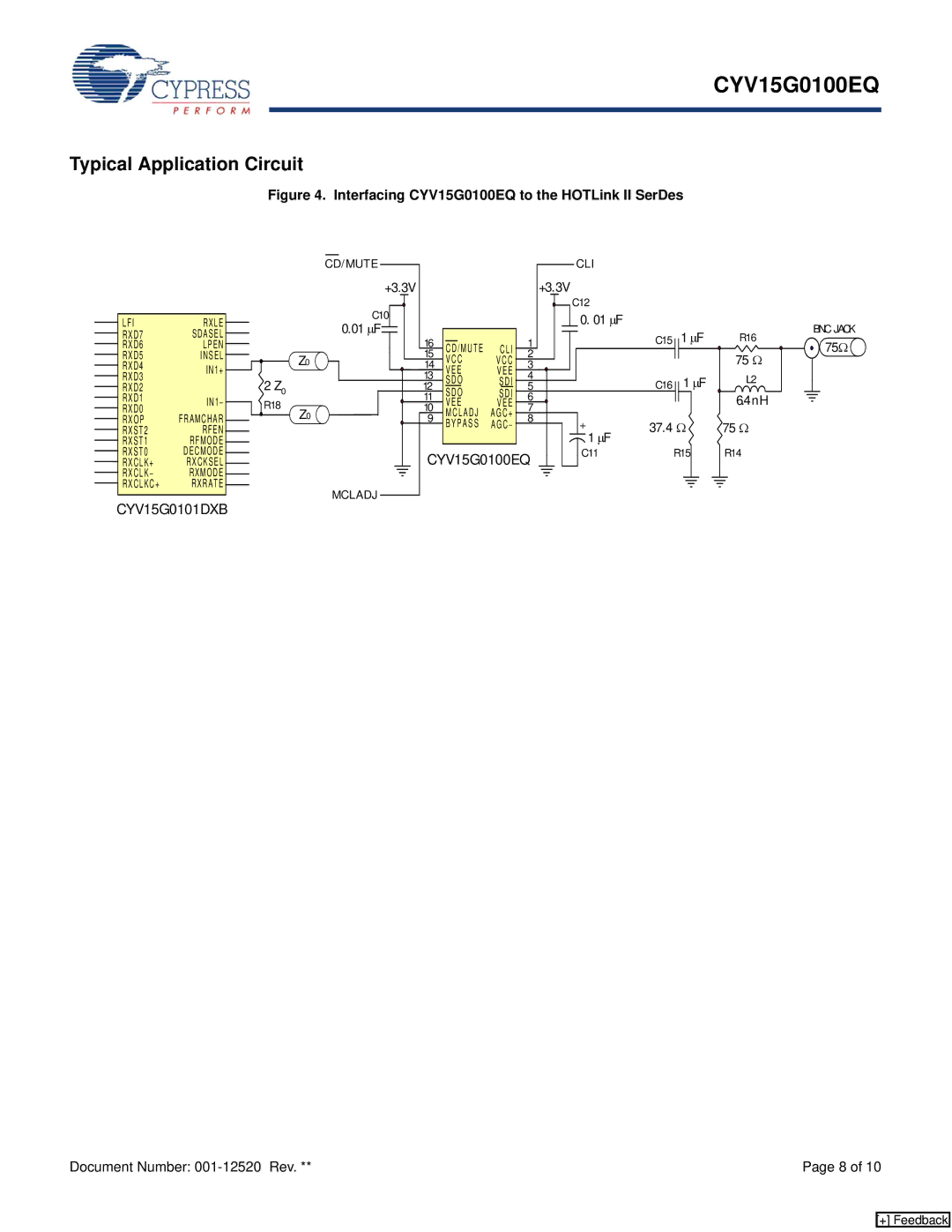 Cypress manual Typical Application Circuit, Interfacing CYV15G0100EQ to the HOTLink II SerDes 