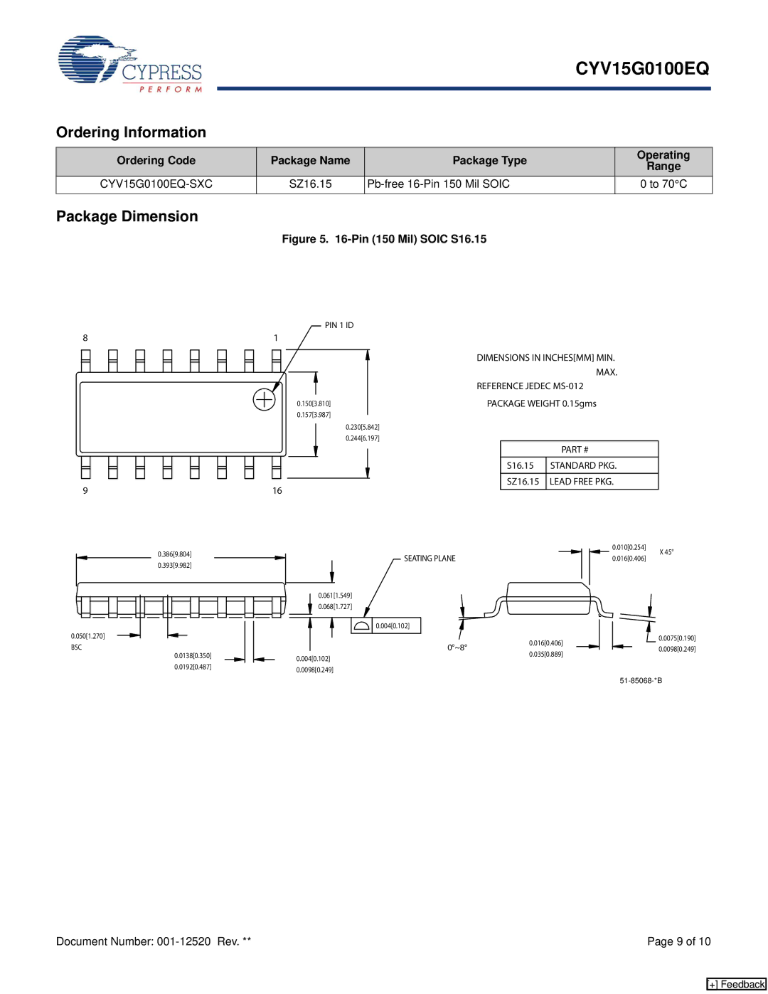 Cypress CYV15G0100EQ manual Ordering Information, Package Dimension, Ordering Code, Package Type Operating Range 