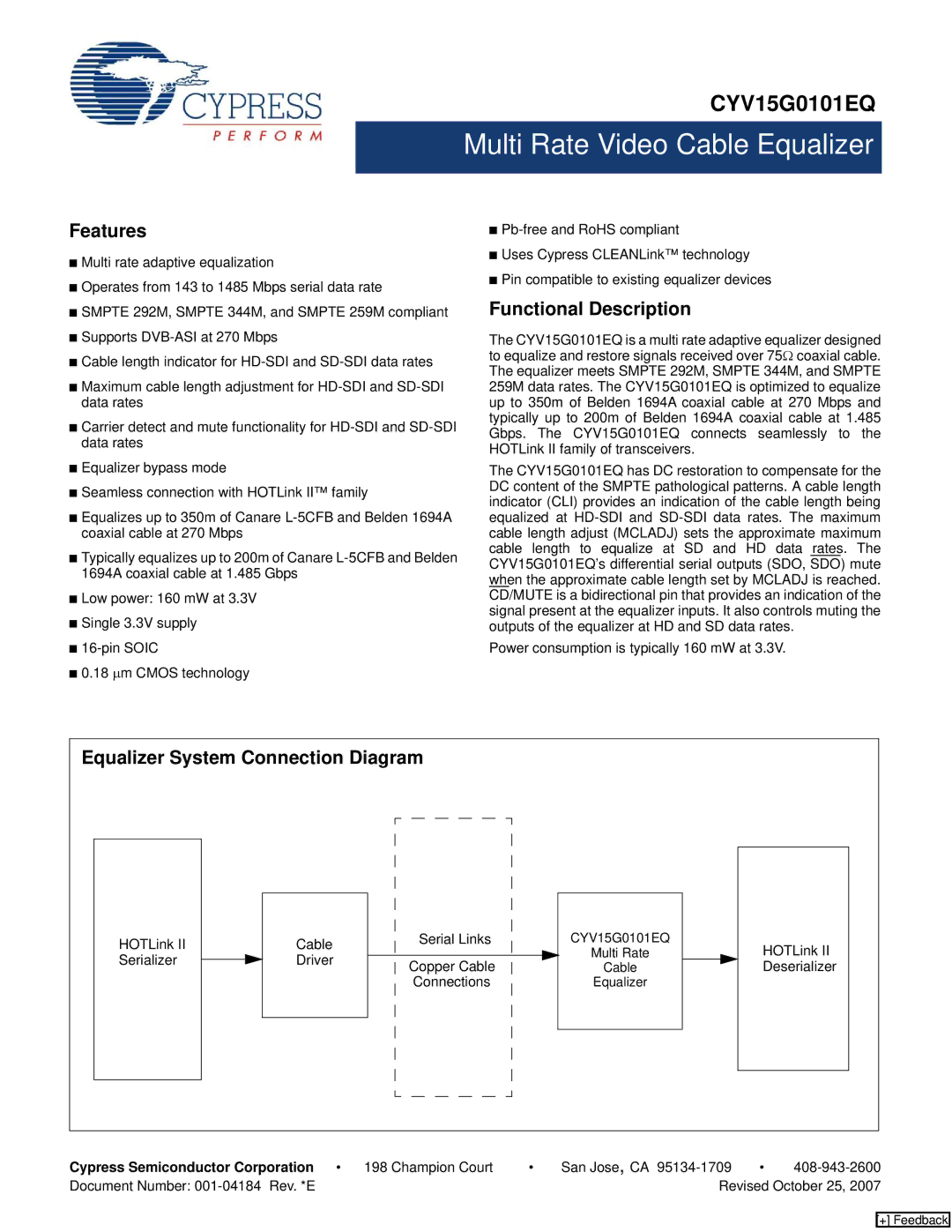 Cypress CYV15G0101EQ manual Features, Functional Description 