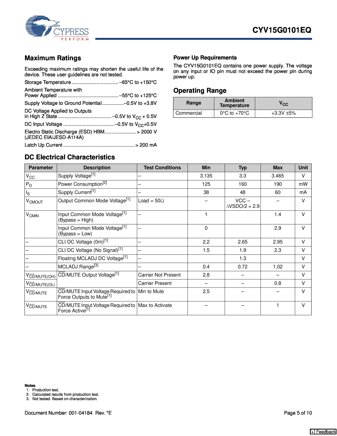 Cypress CYV15G0101EQ manual Maximum Ratings, DC Electrical Characteristics, Operating Range, Power Up Requirements 