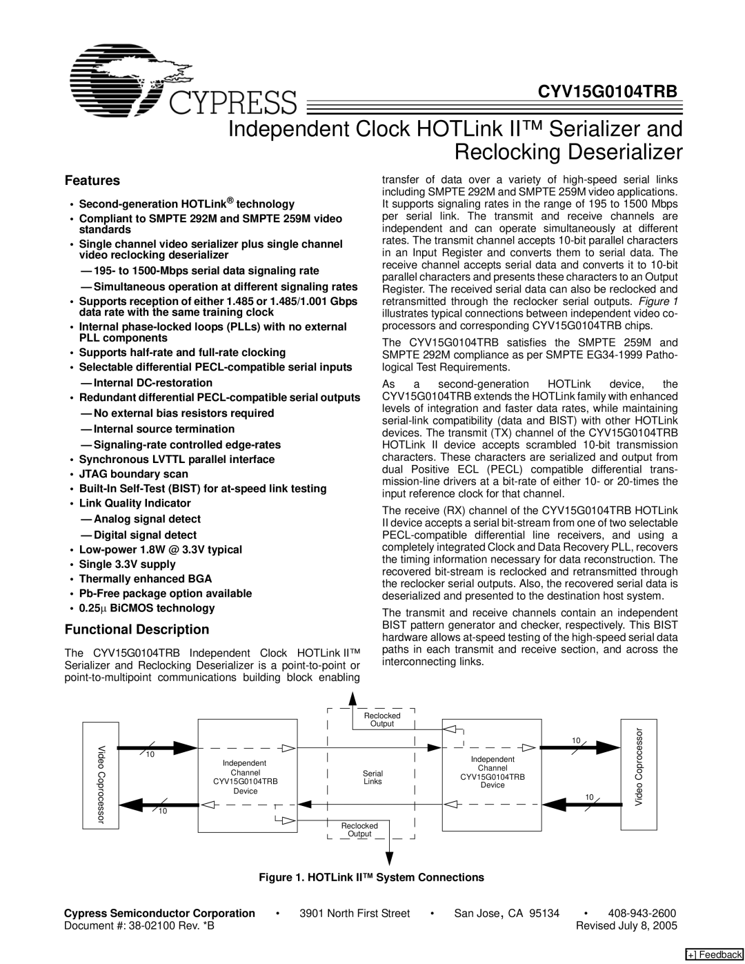 Cypress manual Features, Functional Description, Receive RX channel of the CYV15G0104TRB HOTLink 