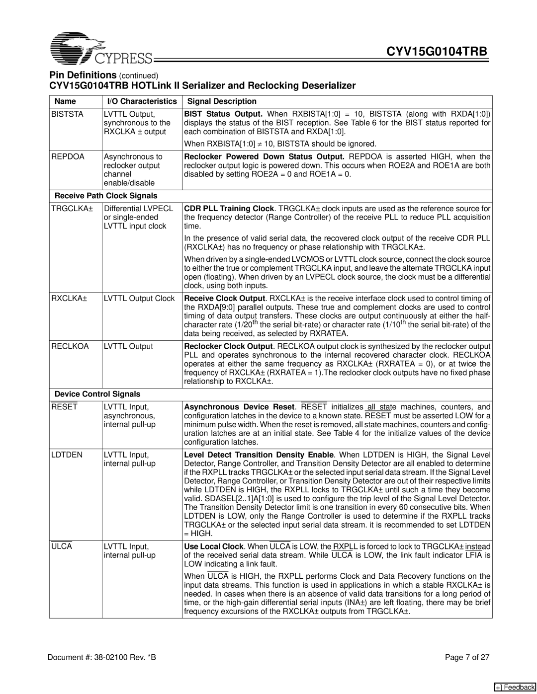 Cypress CYV15G0104TRB manual Name Characteristics Signal Description, Receive Path Clock Signals, Device Control Signals 