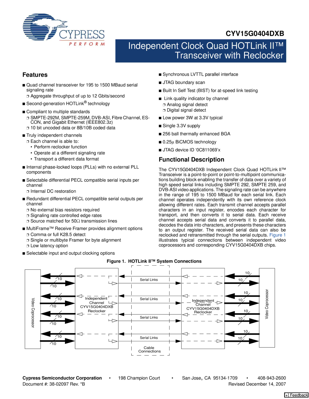 Cypress CYV15G0404DXB manual Features, Functional Description, Cypress Semiconductor Corporation 198 Champion Court 