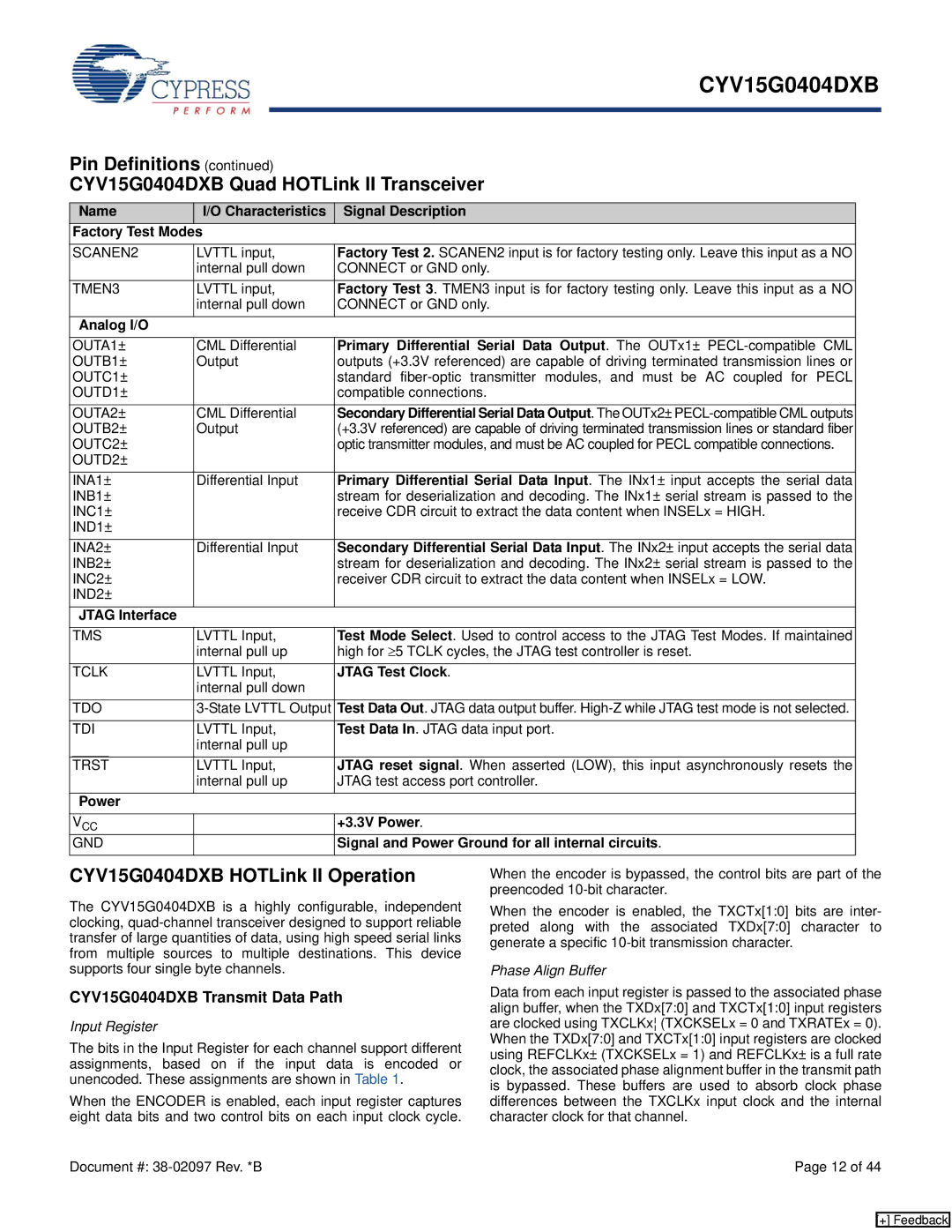 Cypress manual CYV15G0404DXB HOTLink II Operation, CYV15G0404DXB Transmit Data Path 