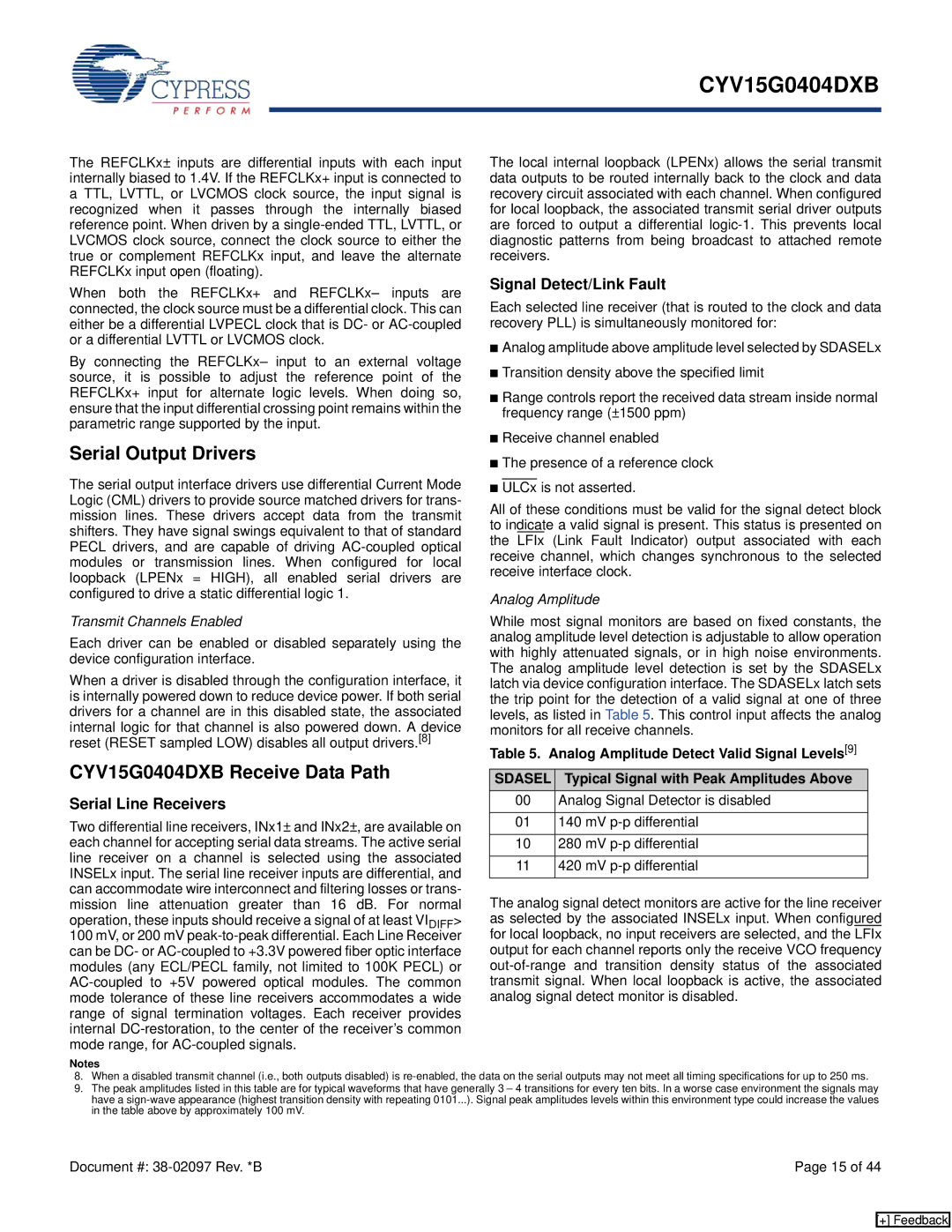 Cypress manual Serial Output Drivers, CYV15G0404DXB Receive Data Path, Serial Line Receivers, Signal Detect/Link Fault 