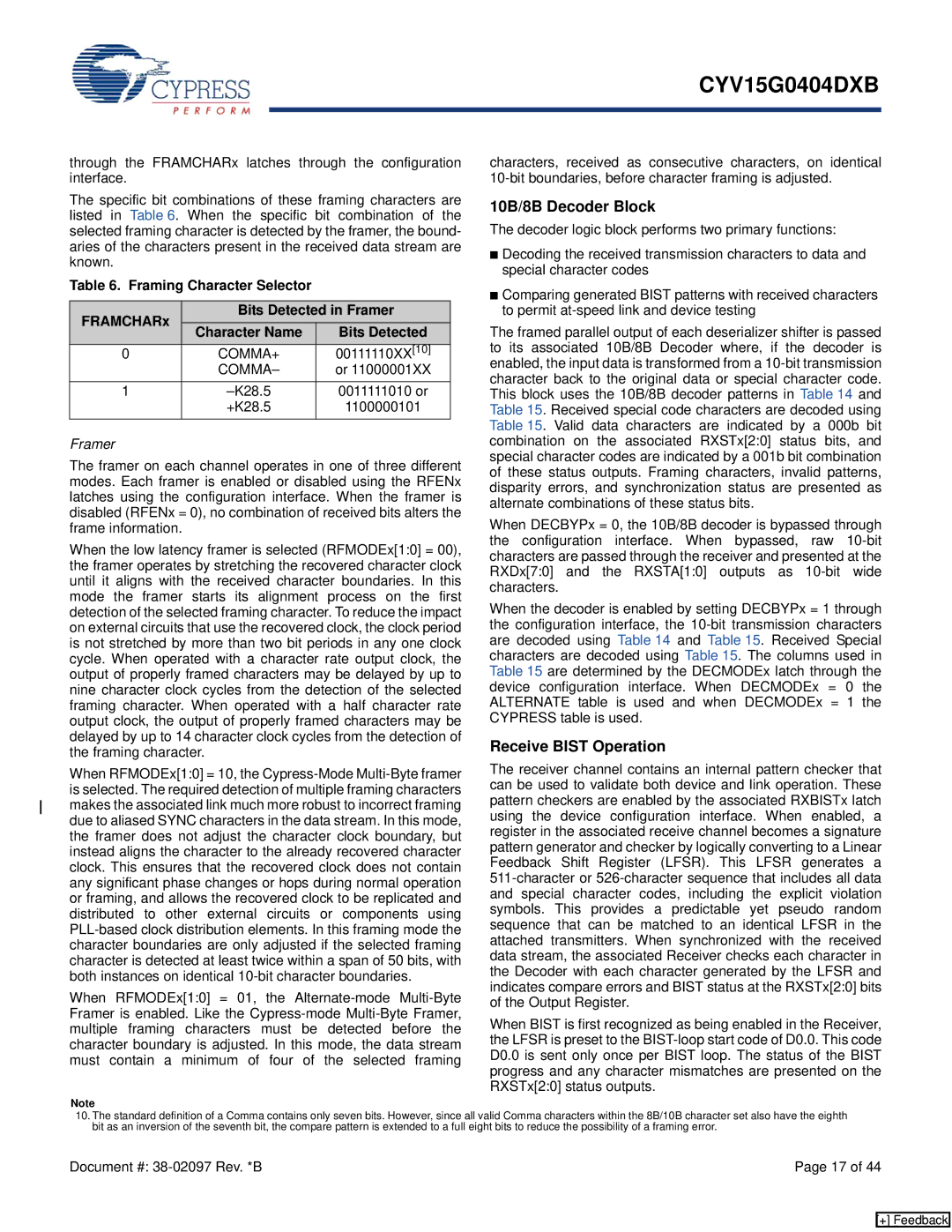 Cypress CYV15G0404DXB manual 10B/8B Decoder Block, Receive Bist Operation, Bits Detected, Framer 